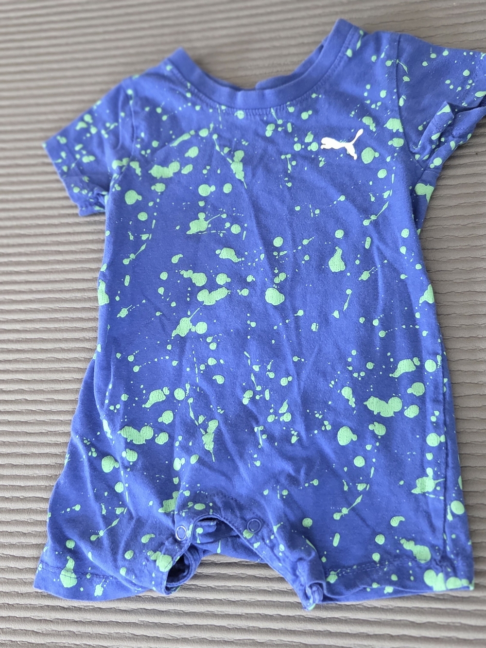 Puma Blue Baby One-Piece Romper with Lime Green Splatter 12 Month